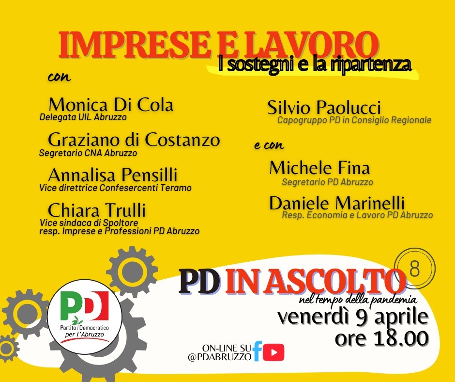 Pd Abruzzo in ascolto: venerdì 9 aprile incontro su imprese e lavoro