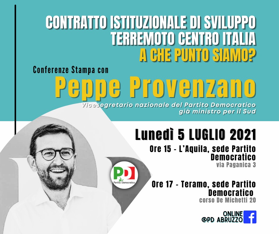 Lunedì 5 luglio conferenze stampa del vicesegretario del PD Giuseppe Provenzano all’Aquila e a Teramo