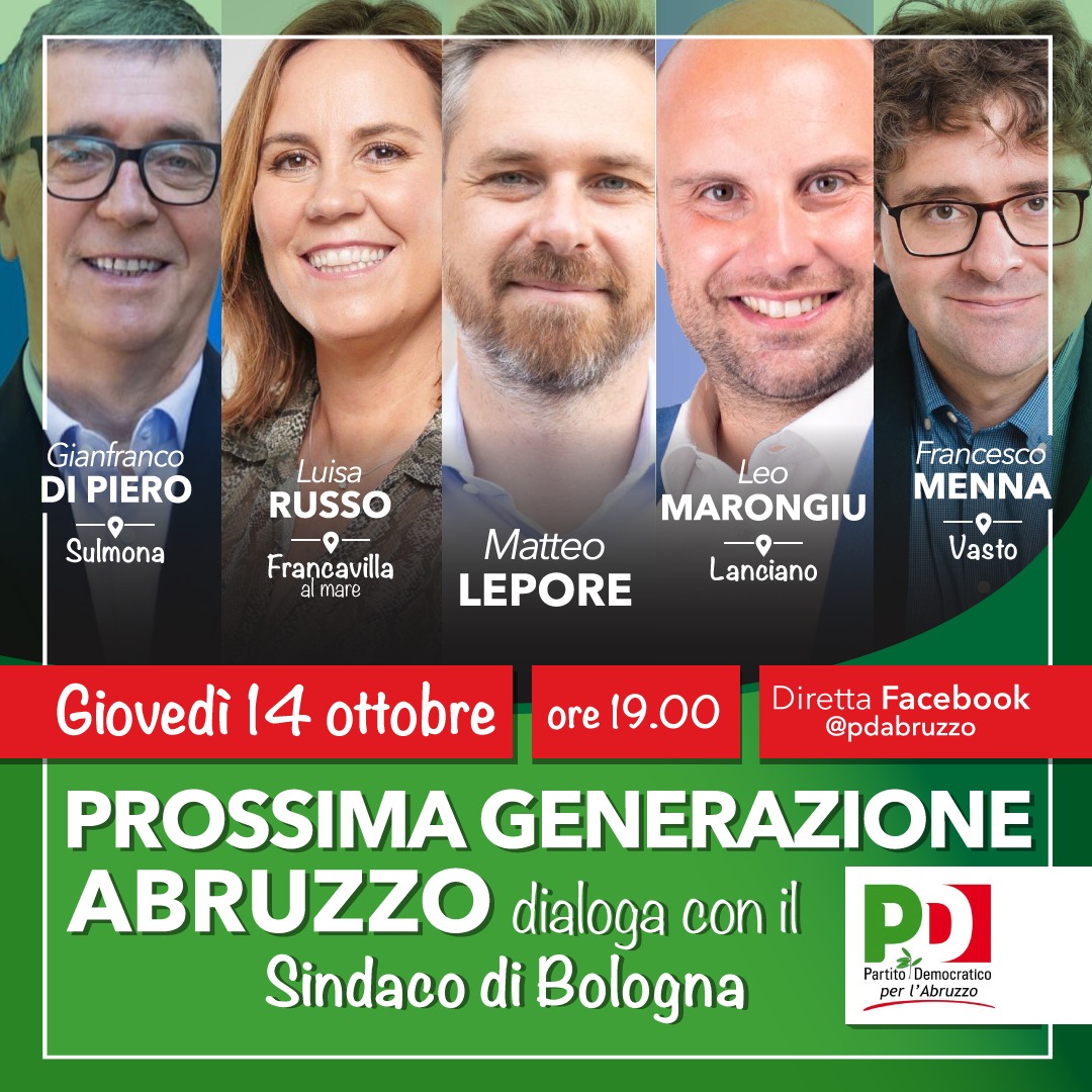 Il 14 ottobre i candidati sindaci del centrosinistra in Abruzzo a confronto con l’appena eletto primo cittadino di Bologna